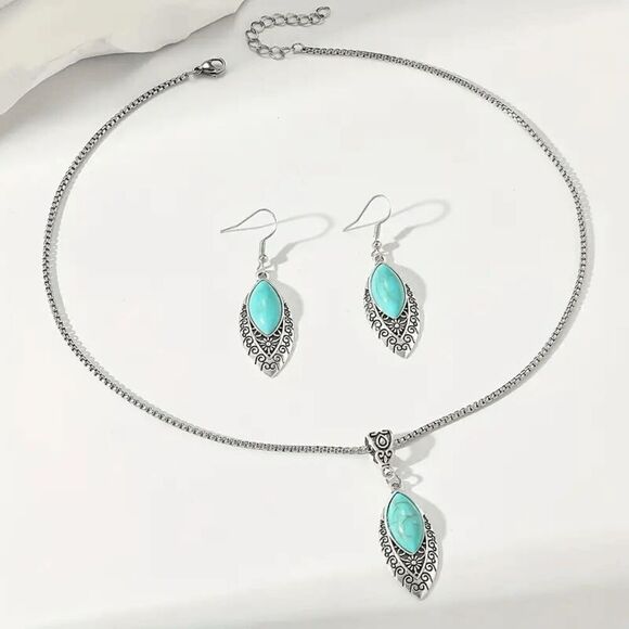 Western Boho Turquoise Pendent Necklace and Earring Set - Picture 1 of 5